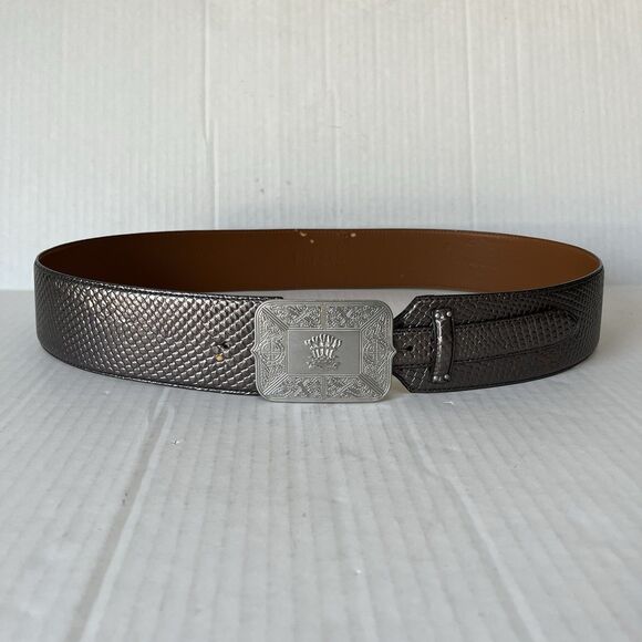 LAUREN RALPH LAUREN Wide Leather Belt Celtic Shield Buckle Metallic Finish XL - Picture 1 of 16